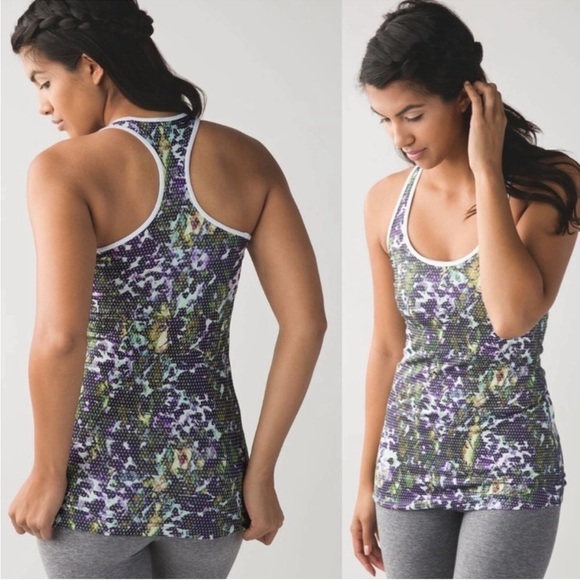 Lululemon Cool Racerback Tank Top Green Purple Floral Sport White Multi Print - Picture 1 of 10